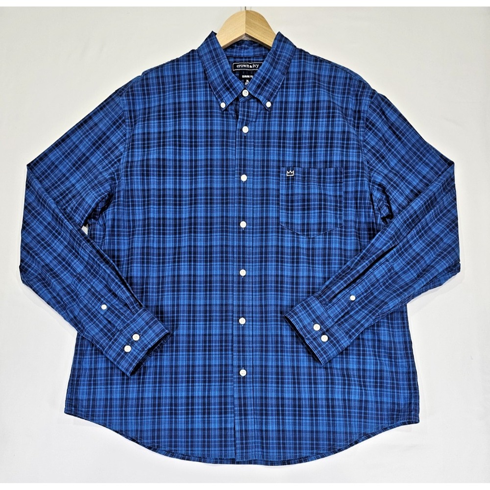 Crown & Ivy Men XL Classic Fit Blue Plaid Long Sleeve Button Up soft comfortable